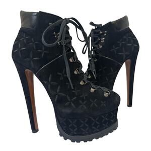 Alaïa Suede Embroidery 2X Platform Hiker Boots Black EU 38.5 Celeb Style